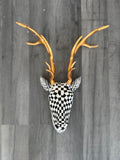 3D Resin Deer Head Wall Sculpture, Geometric Black/White with Gold Antlers
