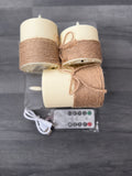 Battery-Operated Rustic Cream Pillar Candles Jute Wrap, Remote, Set of 3