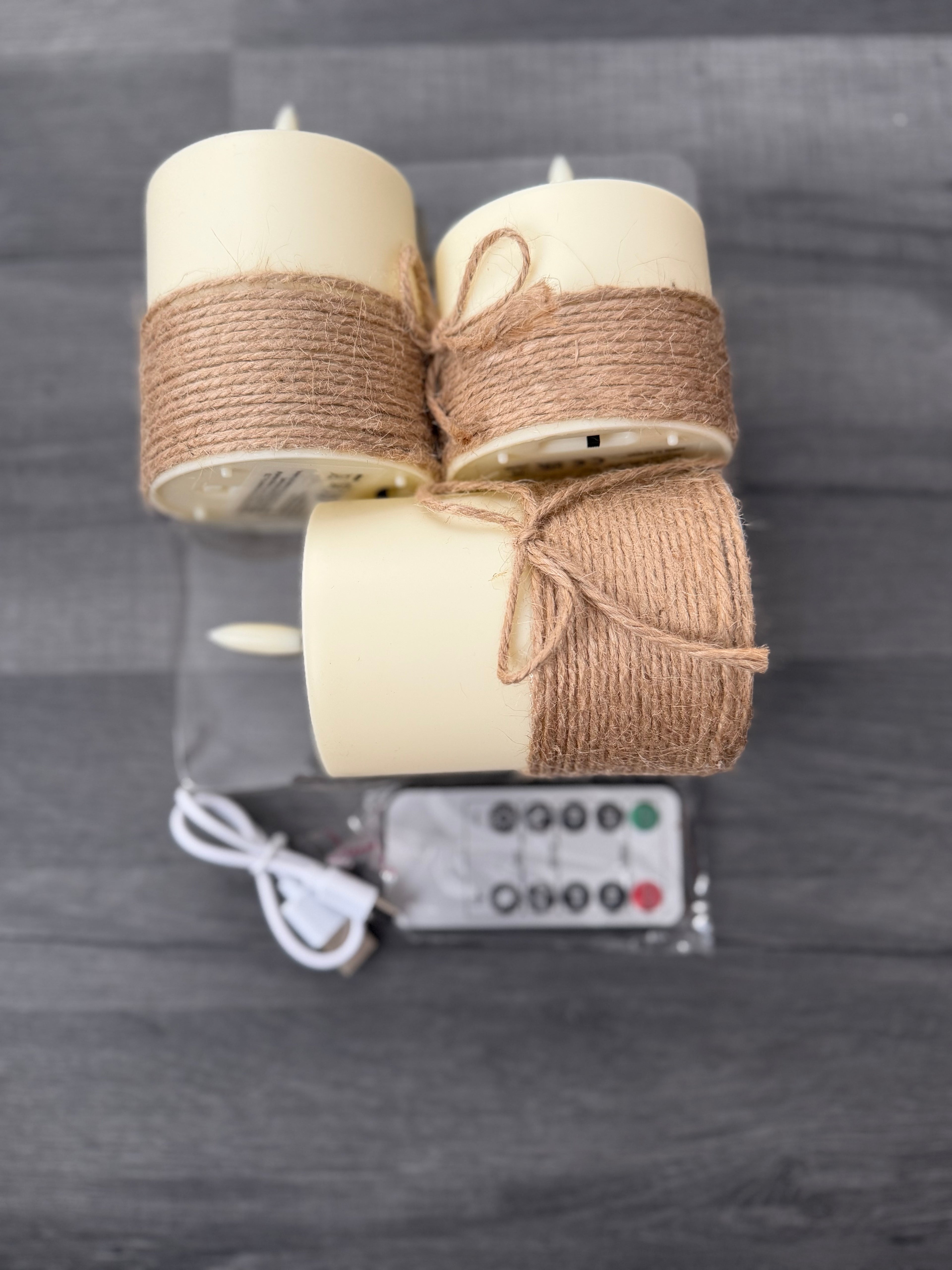 Battery-Operated Rustic Cream Pillar Candles Jute Wrap, Remote, Set of 3
