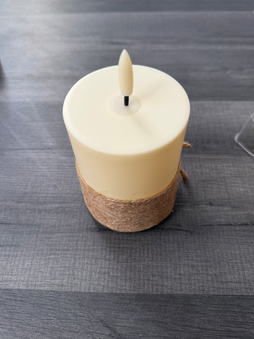 Battery-Operated Rustic Cream Pillar Candles Jute Wrap, Remote, Set of 3