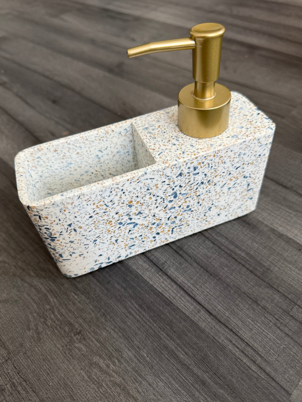 Terrazzo Effect Resin Bathroom Soap Dispenser Freestanding Matte Gold Pump