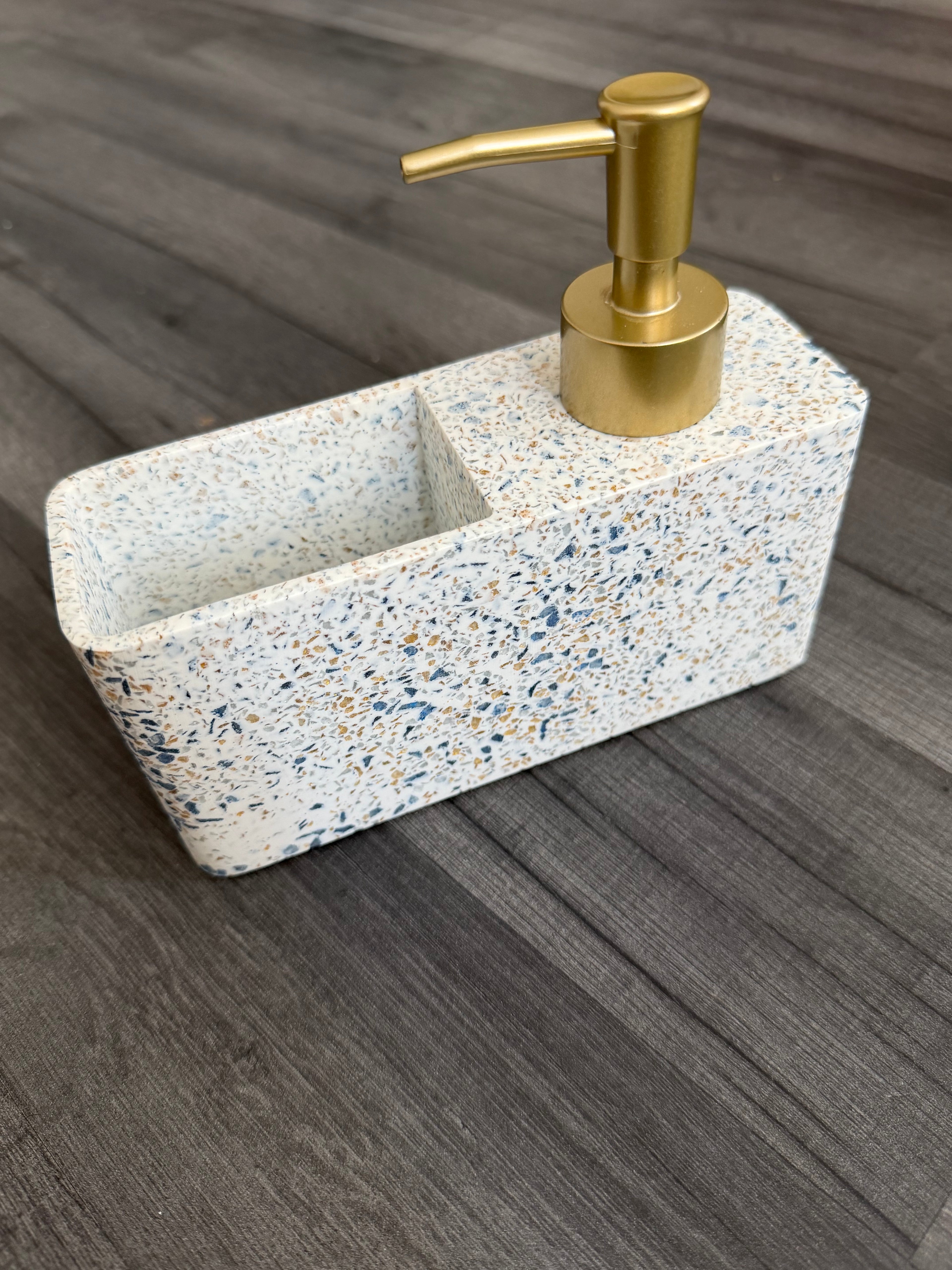 Terrazzo Effect Resin Bathroom Soap Dispenser Freestanding Matte Gold Pump